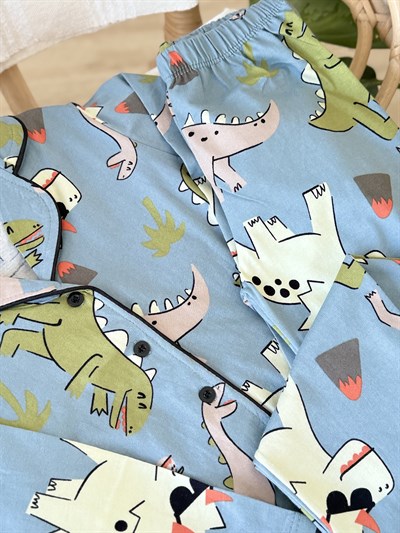 Dinazor Düğmeli Pİjama Takımı-Mavi(4-12 yaş)