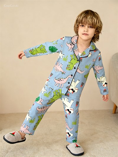 Dinazor Düğmeli Pİjama Takımı-Mavi(4-12 yaş)
