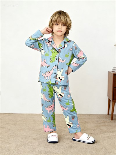 Dinazor Düğmeli Pİjama Takımı-Mavi(4-12 yaş)