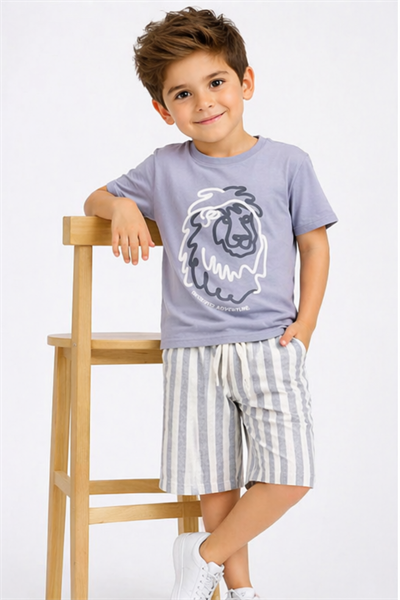 Aslan Baskılı Dokuma Şortlu Takım  - Gri (4-12Yaş)