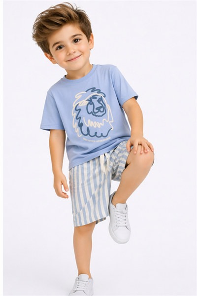  Aslan Baskılı Dokuma Şortlu Takım (7019) - Mavi (4-12Yaş)