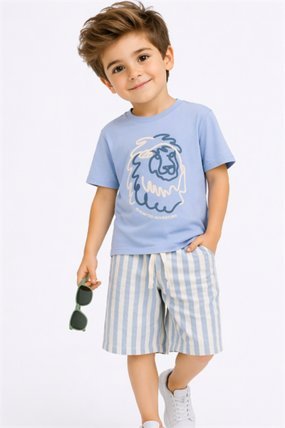  Aslan Baskılı Dokuma Şortlu Takım (7019) - Mavi (4-12Yaş)