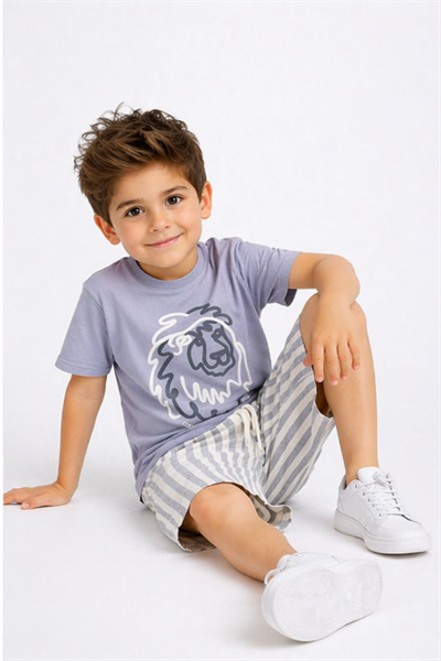 Aslan Baskılı Dokuma Şortlu Takım  - Gri (4-12Yaş)