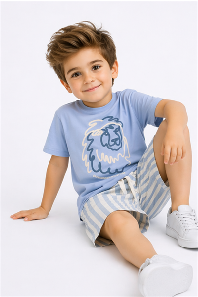  Aslan Baskılı Dokuma Şortlu Takım (7019) - Mavi (4-12Yaş)