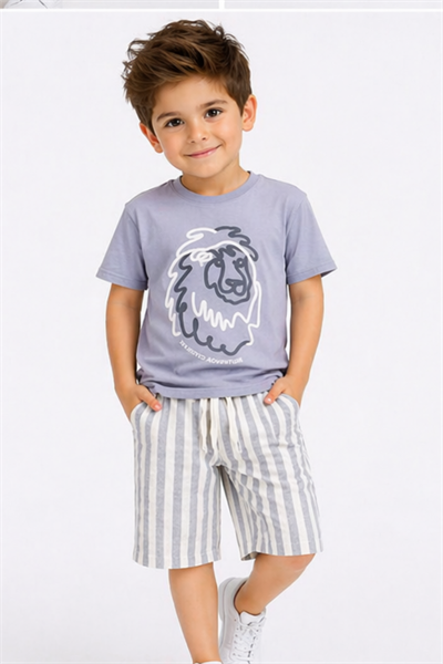 Aslan Baskılı Dokuma Şortlu Takım  - Gri (4-12Yaş)