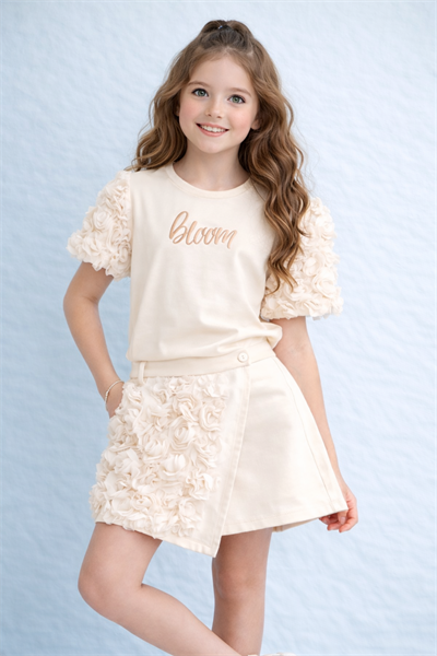 Gül Dokulu Şort Etekli Takım - Bej (4-12yaş)