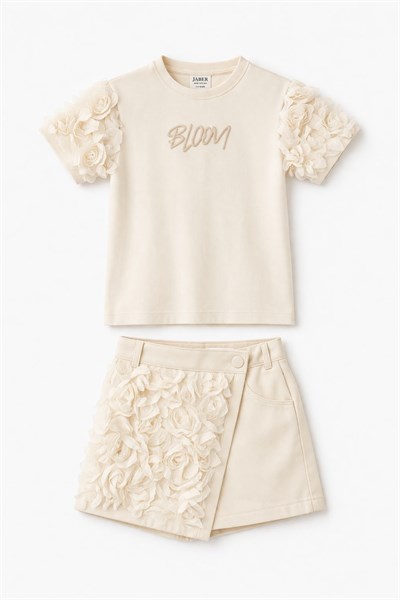 Gül Dokulu Şort Etekli Takım - Bej (4-12yaş)
