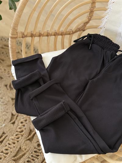 double Paça Şardonlu Pantolon-Siyah (6-16 yaş)