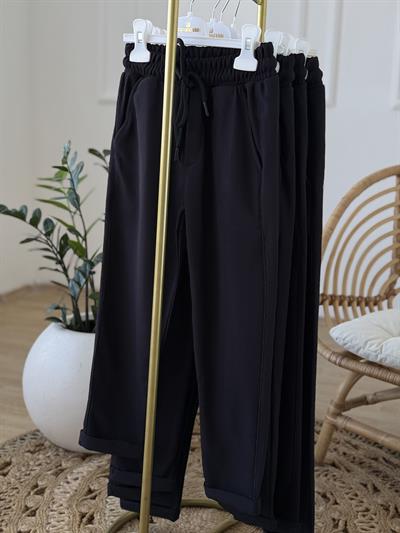 double Paça Şardonlu Pantolon-Siyah (6-16 yaş)