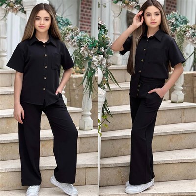 Düğme Detay Gömlekli Takım - Siyah (8-16Yaş)