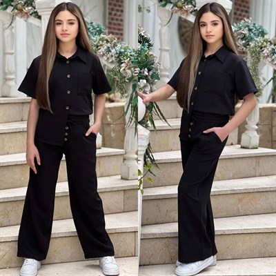 Düğme Detay Gömlekli Takım - Siyah (8-16Yaş)