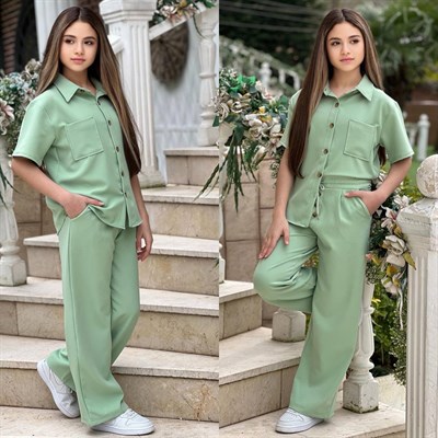 Düğme Detay Gömlekli Takım - Yeşil (8-16Yaş)