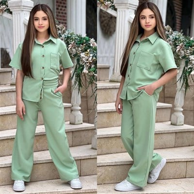 Düğme Detay Gömlekli Takım - Yeşil (8-16Yaş)