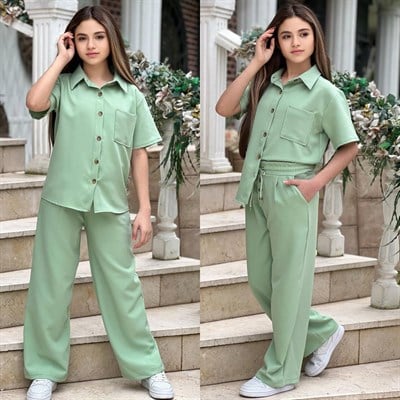 Düğme Detay Gömlekli Takım - Yeşil (8-16Yaş)
