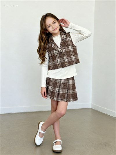 Ekol Cepkenli Şort Etek 3lü Takım -Ekose Kahve(6-10yaş)