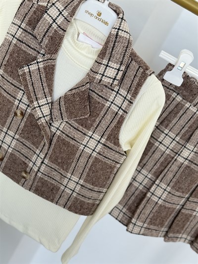 Ekol Cepkenli Şort Etek 3lü Takım -Ekose Kahve(6-10yaş)