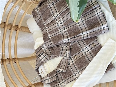 Ekol Cepkenli Şort Etek 3lü Takım -Ekose Kahve(6-10yaş)