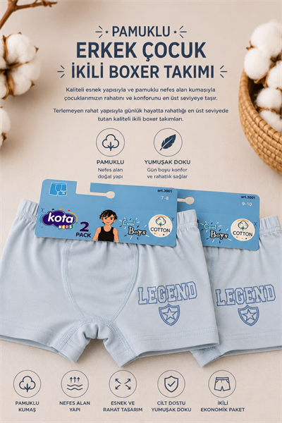 Erkek Çocuk Boxer 2li-  Açık Mavi (7-12 yaş aralığı)