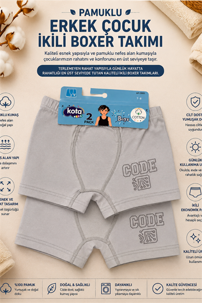 Erkek Çocuk Boxer 2li- Koyu Gri (7-12 yaş aralığı)