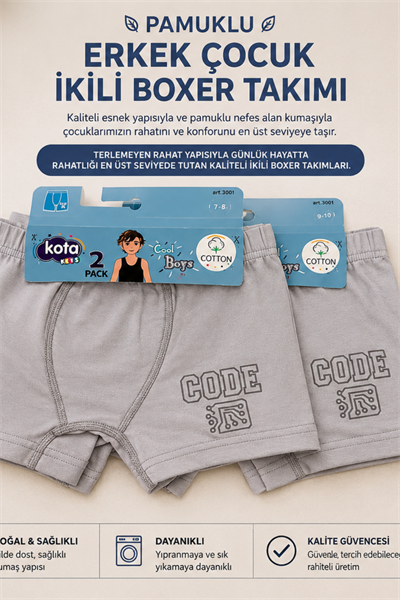 Erkek Çocuk Boxer 2li- Koyu Gri (7-12 yaş aralığı)