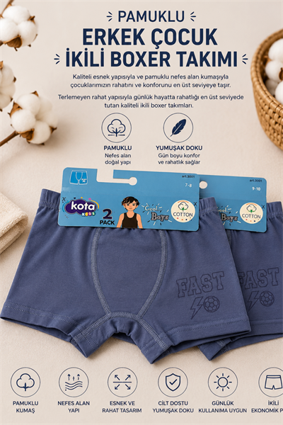 Erkek Çocuk Boxer 2li- Koyu Mavi (7-12 yaş aralığı)