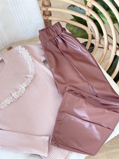 Fisto Detay Deri Pantalonlu Takım -Kahve(4-11Yaş)