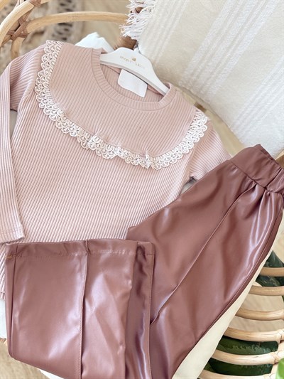 Fisto Detay Deri Pantalonlu Takım -Kahve(4-11Yaş)