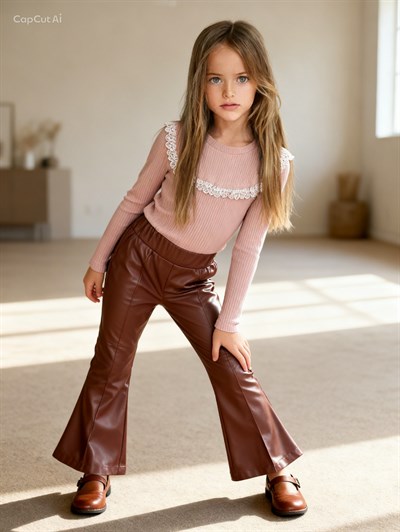 Fisto Detay Deri Pantalonlu Takım -Kahve(4-11Yaş)