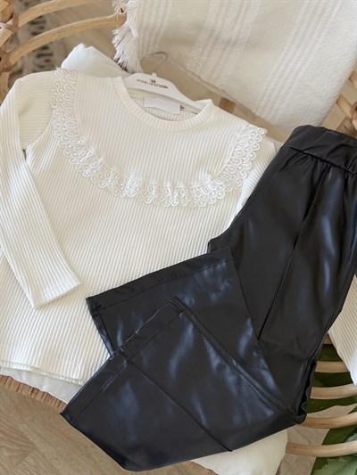 Fisto Detay Deri Pantalonlu Takım -Siyah(4-11Yaş)