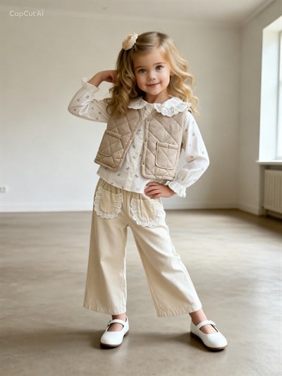 Fisto Detay Yelekli 3 lü Takım -Krem (2-4yaş)