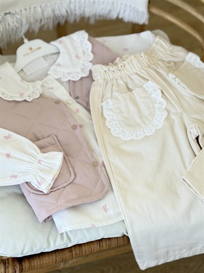 Fisto Detay Yelekli 3 lü Takım -Pudra (2-4yaş)