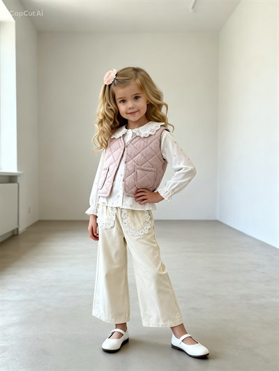 Fisto Detay Yelekli 3 lü Takım -Pudra (2-4yaş)