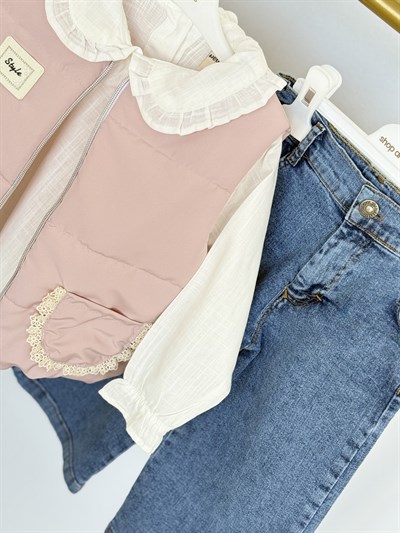 Fisto Detay Yelekli 3 lü Takım -Pudra(2-5yaş)