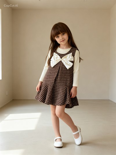 Fiyonk Detay Elbise Tshırt  Takım -Kahve(2-6)