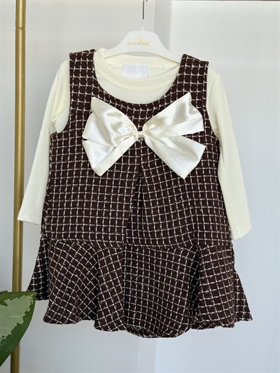 Fiyonk Detay Elbise Tshırt  Takım -Kahve(2-6)