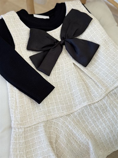 Fiyonk Detay Elbise Tshırt  Takım -Krem(2-6)