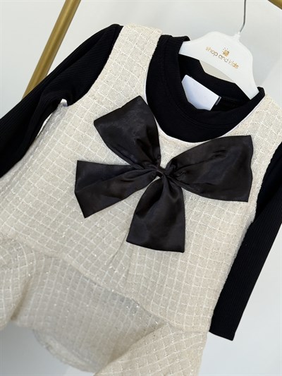 Fiyonk Detay Elbise Tshırt  Takım -Krem(2-6)