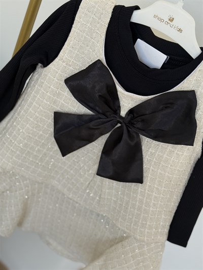 Fiyonk Detay Elbise Tshırt  Takım -Krem(2-6)