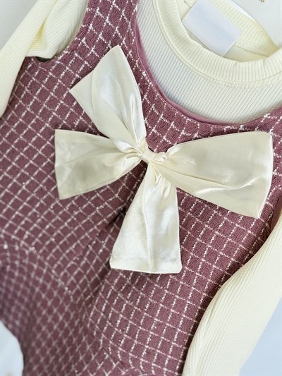 Fiyonk Detay Elbise Tshırt  Takım -Pudra(2-6)