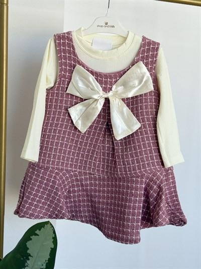 Fiyonk Detay Elbise Tshırt  Takım -Pudra(2-6)