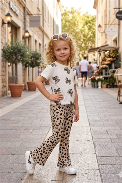Fiyonklu Leopar Takım - Ekru (2-5yaş)