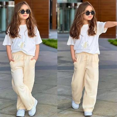 Fiyonk Detay Müslin Pantalonlu Takım - Bej (5-14 yaş)