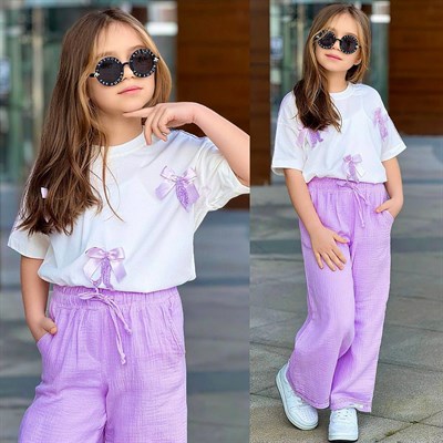 Fiyonklu Müslin Takım - Lila (5-14 yaş)