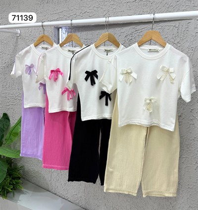 Fiyonk Detay Müslin Pantalonlu Takım - Şeker Pembe (5-14 yaş)