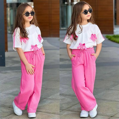 Fiyonk Detay Müslin Pantalonlu Takım - Şeker Pembe (5-14 yaş)