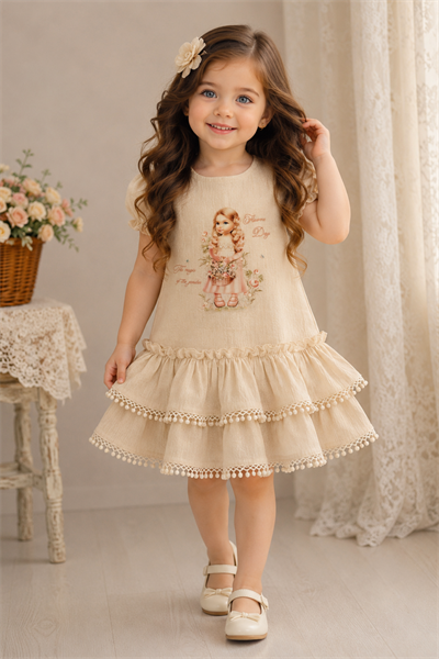 Flowers Day Elbise - Bej (1-4yaş)
