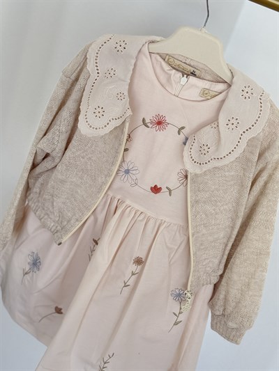 Flowers Elbise Hırka Takım -Krem(3-6yaş)