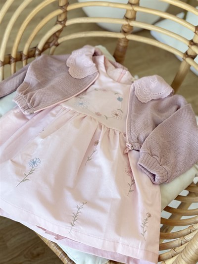 Flowers Elbise Hırka Takım -Pudra(3-6yaş)