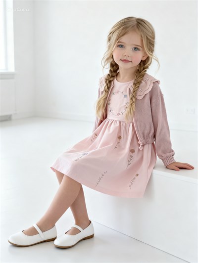 Flowers Elbise Hırka Takım -Pudra(3-6yaş)