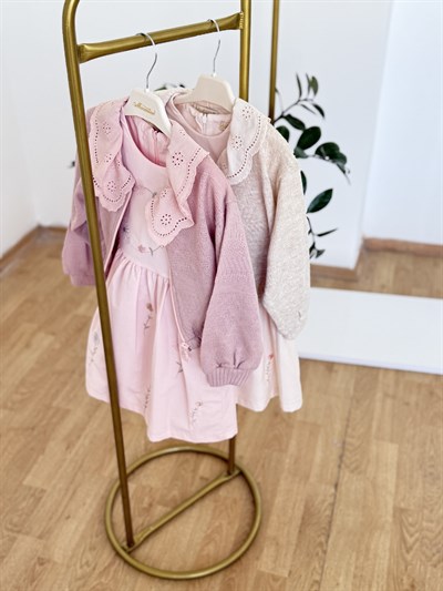 Flowers Elbise Hırka Takım -Pudra(3-6yaş)